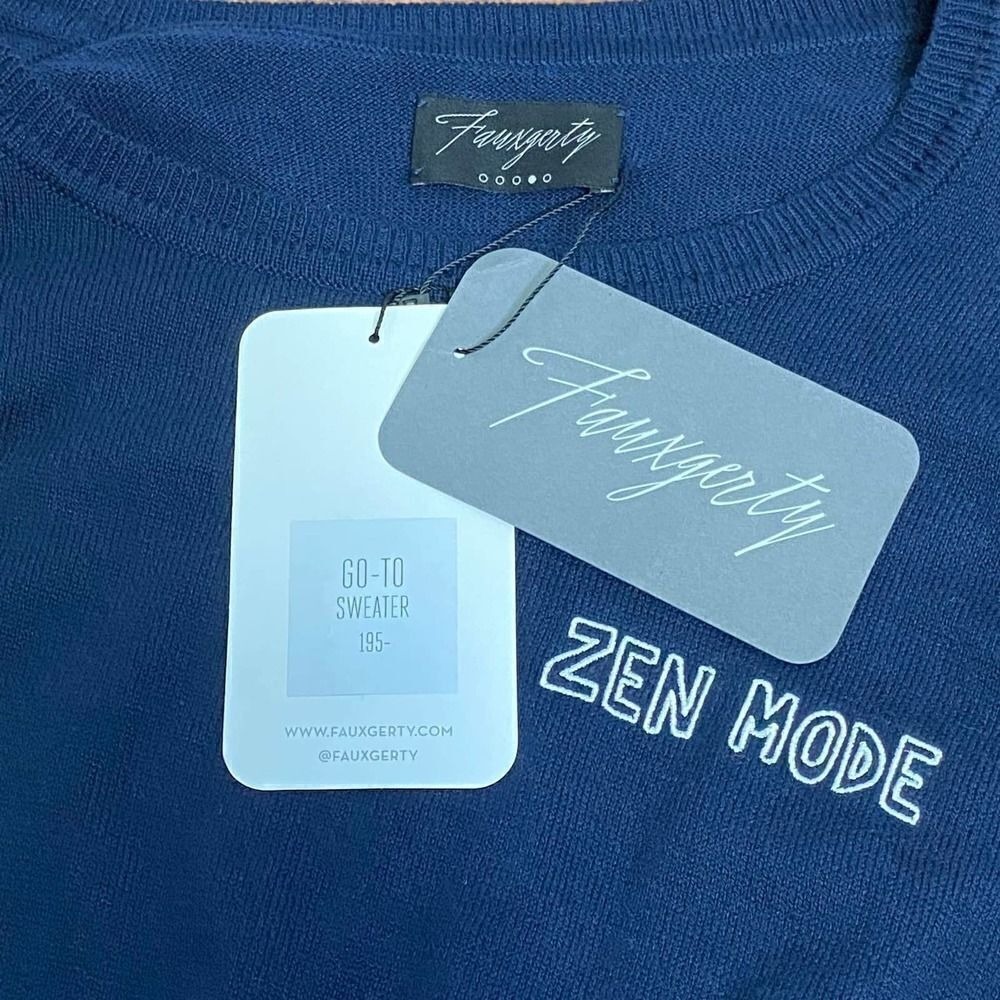 Fauxgerty Zen Mode Sweater Womens OS Blue‎ Go-To Pullover Sustainable Navy Blue - Picture 5 of 11